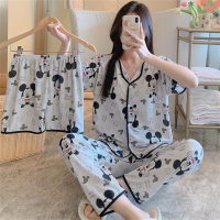 Women's short-sleeved trousers three-piece suit Mickey cartoon pattern suit  Gray