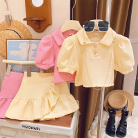 Girls' small and medium children's buckled bubble lapel short-sleeved short skirt two-piece suit summer fashion new style  Beige