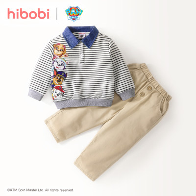 Suéter de manga larga con solapa con estampado de animales a rayas para niños pequeños y pantalones de color sólido