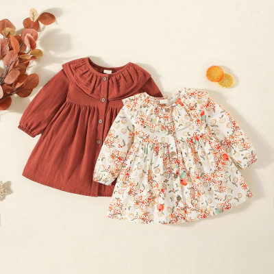 Vestido largo de manga larga con decoración floral de color liso para bebé