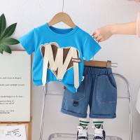 Boys summer suits 2024 new style children's clothes summer clothes handsome boys summer short-sleeved two-piece suits trendy  Blue