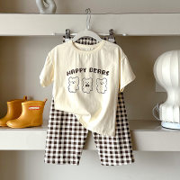 Children's short-sleeved T-shirt suit home clothes summer thin cartoon pure cotton pajamas  White