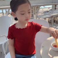 Kurzarm-T-Shirt aus Eisseide, neue koreanische Version, Mädchen und Babys, vielseitige Sommerkleidung, gestreifte, stilvolle Oberteile mit Pilzkanten für Kinder und Kinder mittleren Alters  rot