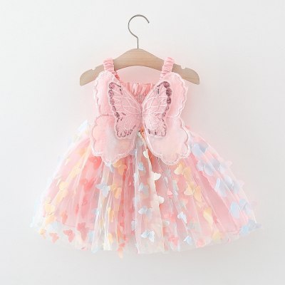 Lindo vestido suspensório de malha com pregas de borboleta para bebê menina