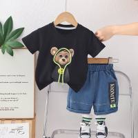 Boys summer suit 2024 new style baby short-sleeved cartoon summer clothes handsome children's clothes two-piece suit trendy  Black