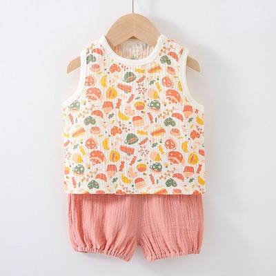 2024 summer sweet short-sleeved shorts with cute colors and sleeveless vest suit air-conditioning shirt color matching for baby girls and infants