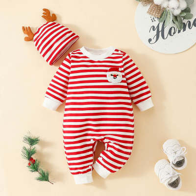 2-piece Baby Striped Santa Claus Patch Embroidered Jumpsuit & Moose Antler Hat