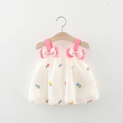 Summer baby girl two bow flower embroidered suspender dress Korean version of cute suspender dress for girls