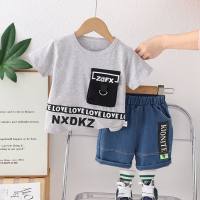 Boys summer suits 2024 new small and medium children's casual summer clothes letters boys short-sleeved two-piece suits trendy  Gray