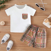 Baby Boy Casual Street Style Color Block Top And Plaid Print  Shorts Set For Spring/Summer  White