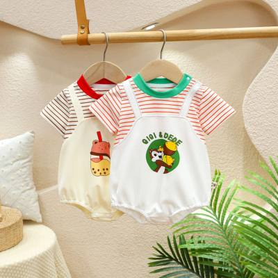 Baby summer jumpsuit thin boys and girls baby cartoon striped short-sleeved clothes newborn baby romper crawling clothes