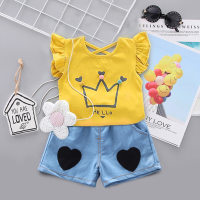 Foreign trade new summer girls short-sleeved suits 1-4 years old baby girls fashion T-shirt two-piece children's clothing wholesale  Yellow