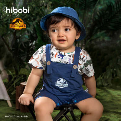 Jurassic World × hibobi boy baby Traje de pantalones con tiras azules con estampado de dinosaurios