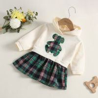 Baby Girl Bear Pattern Plaid Patchwork Hooded Long Sleeve Dress  Green