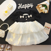 Girls Super Fairy Clothes New 2024 Korean Baby Dress Little Girl Princess Bow Children Flower Skirt  Black