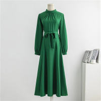 Robe longue femme à manches longues et demi-col roulé avec plis  vert