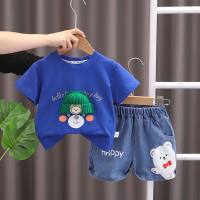 New style baby boy suit three-dimensional hat bear face short-sleeved suit trendy summer boy suit  Blue