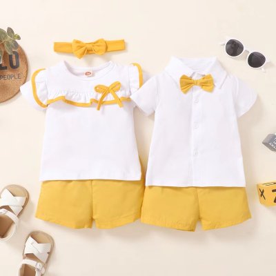 Brothers Sisters Clothes Cotton Bowknot Decor Top with Headband Or Shirt & Shorts