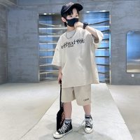 Boys summer children's fashion trend letter short-sleeved shorts loose casual two-piece boy handsome suit  Beige