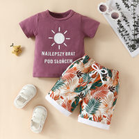 Amazon cross-border infant boys letter printed short-sleeved T-shirt leaf flower printed shorts European and American suit  Purple