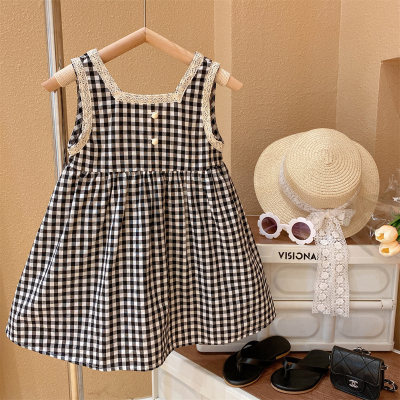 2023 Summer Girls Roman Holiday Baby Lace-Edged Sweet Black and White Checkered Princess Vest Skirt 3-8 Years Old