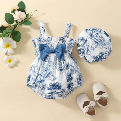 2-piece Baby Girl Allover Floral Printed Bowknot Decor Sleeveless Romper & Matching Hat