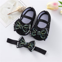 Chaussures à strass avec nœud pour bébé, ensemble bandeau, chaussures de princesse  Noir