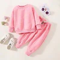 2-piece Toddler Girl Solid Color Textured Letter Printed Long Sleeve Top & Pencil Pants  Pink