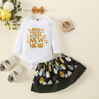 3-piece Baby Girl Letter Printed Long Sleeve Romper & Polka Dotted Patchwork Skirt & Headwrap