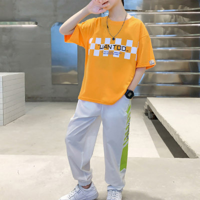 2-piece Kid Boy Plaid and Letter Printed Short Sleeve T-shirt & Matching Pants