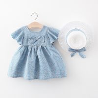 Roupas infantis meninas verão novo vestido de flor vestido de princesa vestido de manga voadora infantil com chapéu  Azul