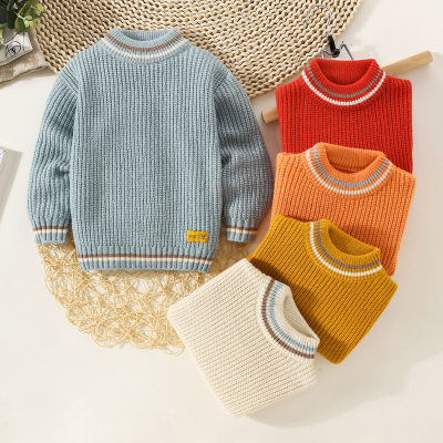 Toddler Boy Solid Color Stripe Pattern Mock Neck Knitted Sweater