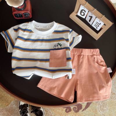 New summer style for small and medium children soft and comfortable striped pocket dinosaur short-sleeved suit trendy boys summer short-sleeved suit