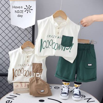 Boys short-sleeved suits summer new style casual letter patch pocket vest shorts two-piece suit trendy