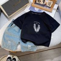 Boys summer short-sleeved suit 2024 new style baby cartoon summer clothes children's denim shorts two-piece suit  Black