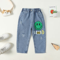 جينز مطبوع عليه أبجدية مبتسمة للأطفال الصغار  أزرق