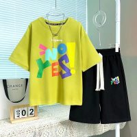 Boys summer suits for middle and large children Korean style loose thin boys handsome summer two-piece suit  Green
