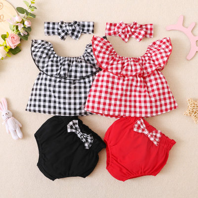 hibobi Baby Girl Plaid Top Solid Trousers Hairband Three Pieces