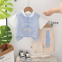 Boys summer shirt suit 2024 new ancient style boy baby summer children Chinese style short-sleeved suit trendy  Blue