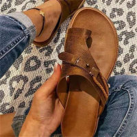 Women's summer outdoor slippers flat low heel retro toe clip-toe sandals  Brown