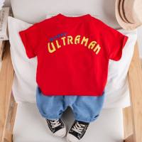 Summer new style boy's handsome round neck short-sleeved suit baby boy casual pants two-piece set  Red