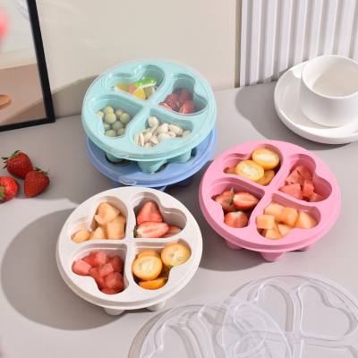 Heart-shaped wheat straw lunch box, fruit snack candy box, four-grid fresh-keeping box with transparent cover