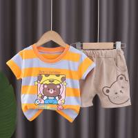 Girls summer new style suit colorful striped cartoon bear short sleeve baby summer two-piece suit  Orange