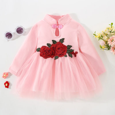 Toddler Girl Solid Color Rose Appliqué Mesh Patchwork Stand Up Collar Long Sleeve Dress