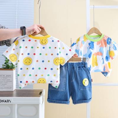 New style baby boy suit full print pattern round neck short sleeve suit trendy summer boy short sleeve suit