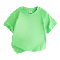 Camiseta infantil solta com gola redonda, algodão puro, cor sólida, absorvente de suor, manga curta  Verde fluorescente