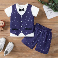 2pcs Set Toddler Boy's  Star And Moon printed Short-sleeved T-shirt and Shorts set  Deep Blue
