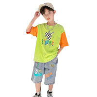Children's clothing cartoon pattern summer suits for middle and large children short-sleeved jeans two-piece suits trendy handsome boys  Green