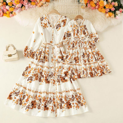 Mom Baby Clothes Sweet Floral Print V-Neck Long Sleeve Dress