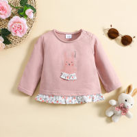 Baby Girl Pure Cotton Rabbit Pattern Floral Hem Patchwork Long Sleeve T-shirt  Pink